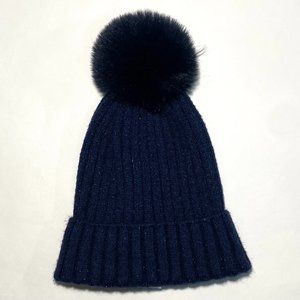 PRIMARK Shiny Navy-Blue Cable Knit Roll-Up Pom-Pom Faux Fur Hat Beanie Girls M/L